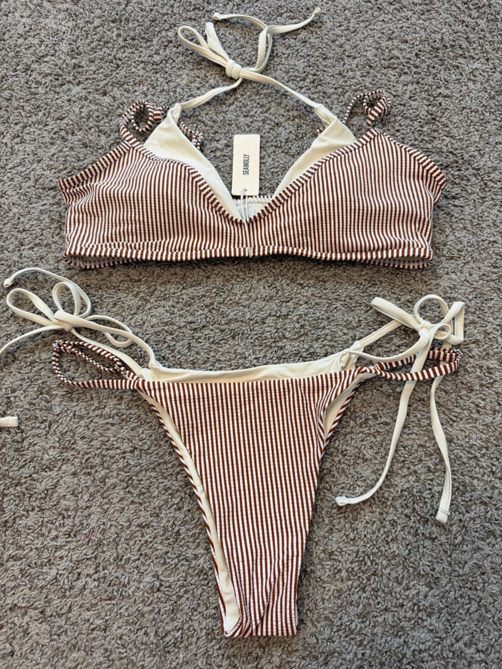 Striped Brown & White Tie-Side Bikini Set